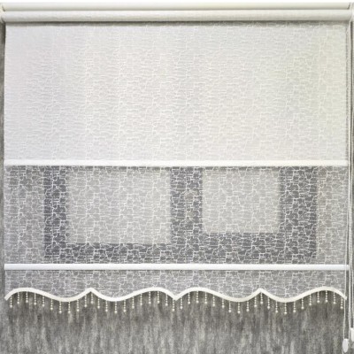 Kristal Pərdə – İkili Mexanizmalı Naxışlı və Boncuklu Tül və Stor Pərdə, Ekru Rəng (MT4004B)