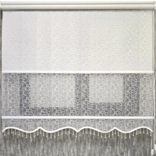 Kristal Pərdə – İkili Mexanizmalı Naxışlı və Boncuklu Tül və Stor Pərdə, Ekru Rəng (MT4004B)