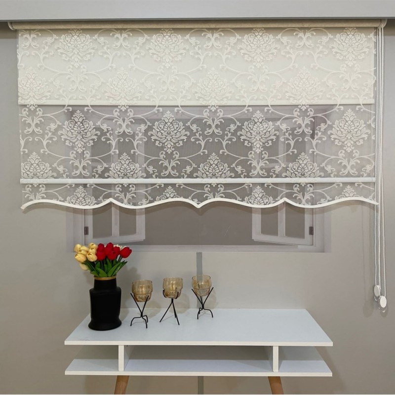 Kristal Pərdə – İkili Mexanizmli Simli Damask Naxışlı və Ətək Dilimli Tül və Stor Pərdə (80×200 sm)